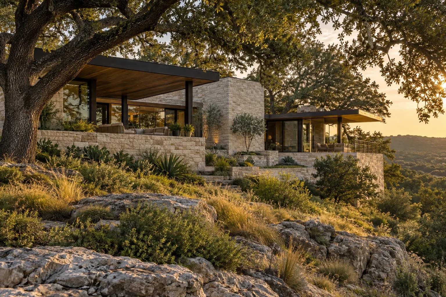 A limestone and dark wood residence integrated into a wooded hillside